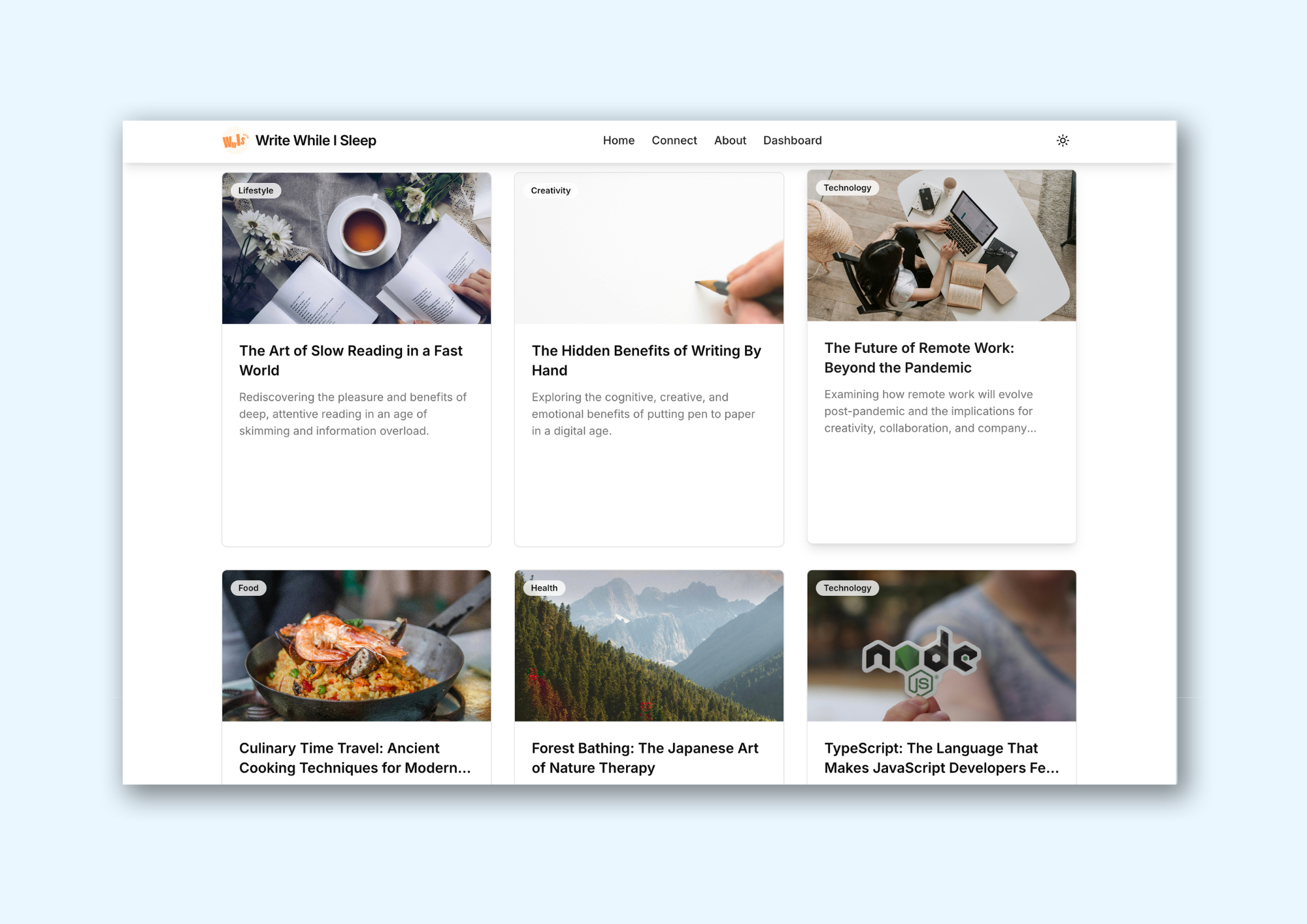 A screenshot of the clean articles listing page