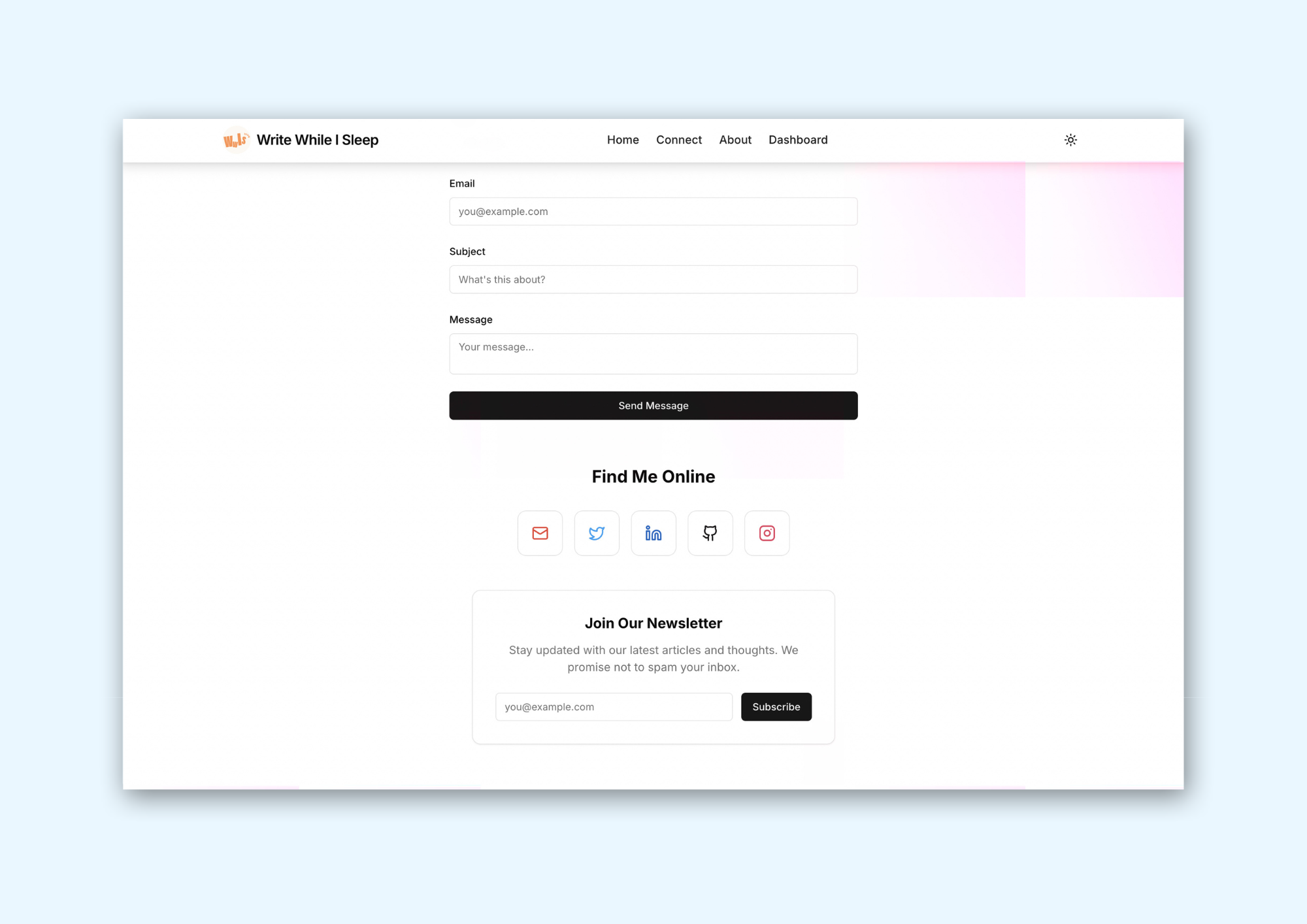 A screenshot of the connect page with social links and message form